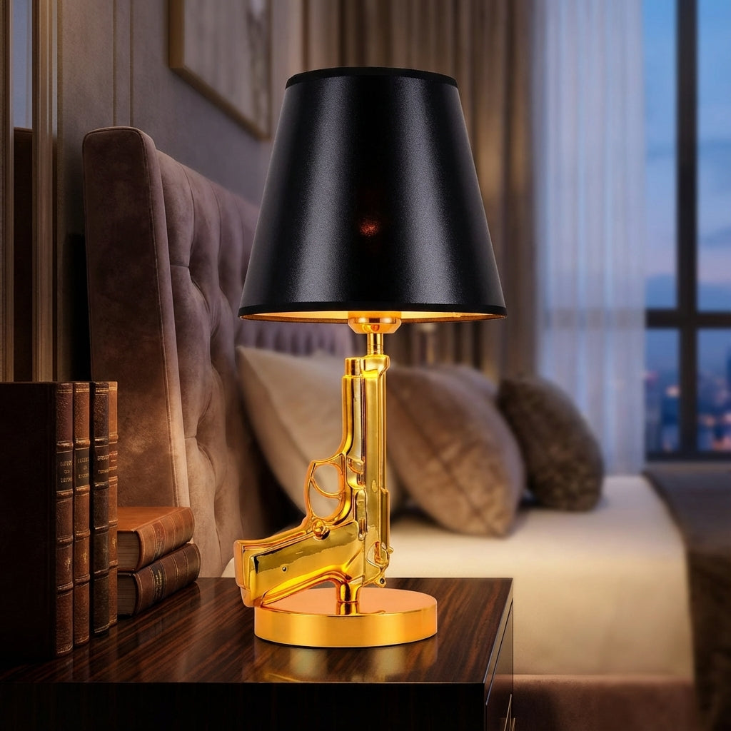 Sculptural Pistol-Inspired Metal Base Fabric Shade Table Lamp