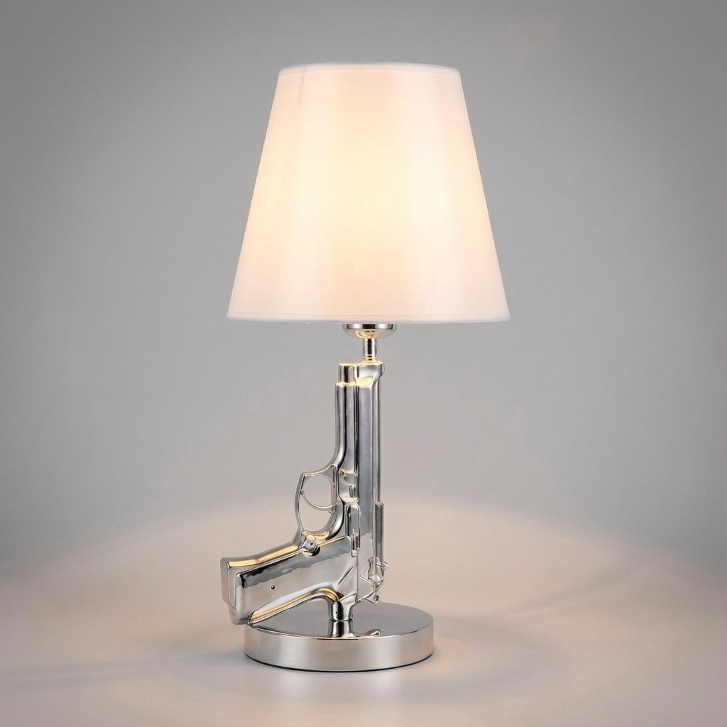 Sculptural Pistol-Inspired Metal Base Fabric Shade Table Lamp