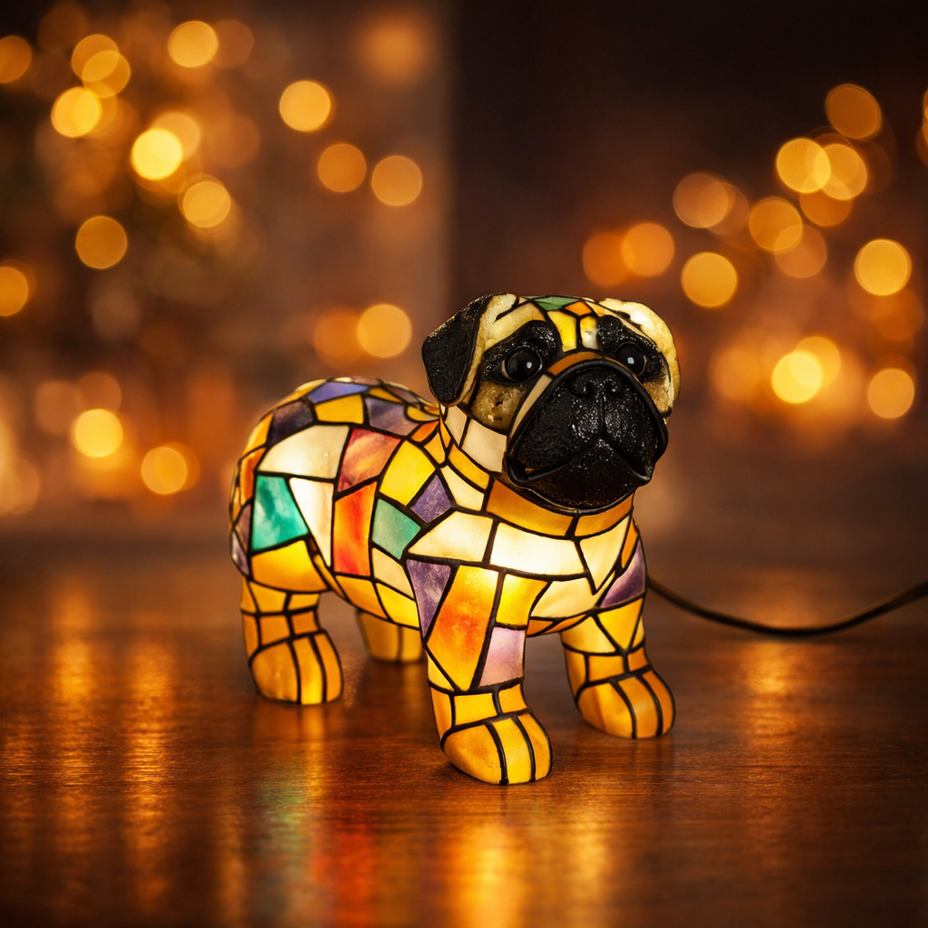 Stained Glass Sculpted Resin Dog Figurine Accent Table Lamp