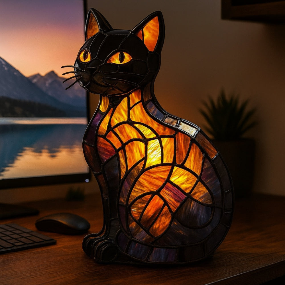 Stained Glass Style Cat Figure Table Lamp Night Light