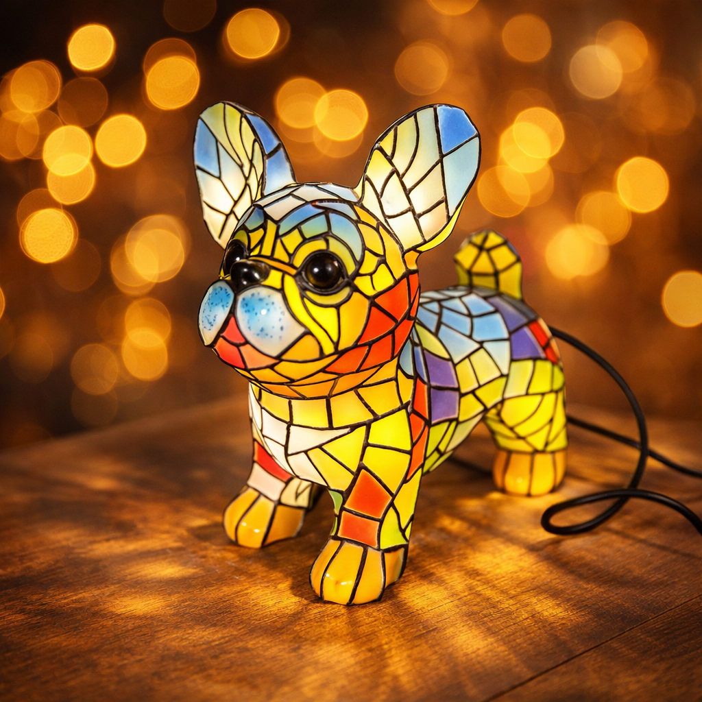 Stained Glass Dog Figurine Decorative Accent Table Lamp