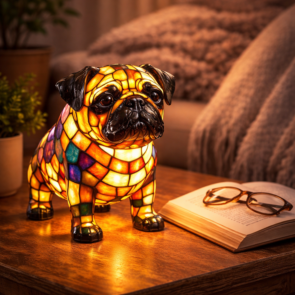 Stained Glass Dog Figurine Resin Night Light Table Lamp
