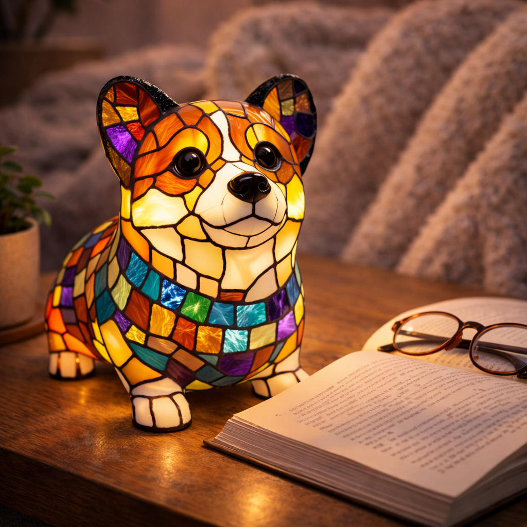 Stained Glass Dog Figurine Resin Night Light Table Lamp