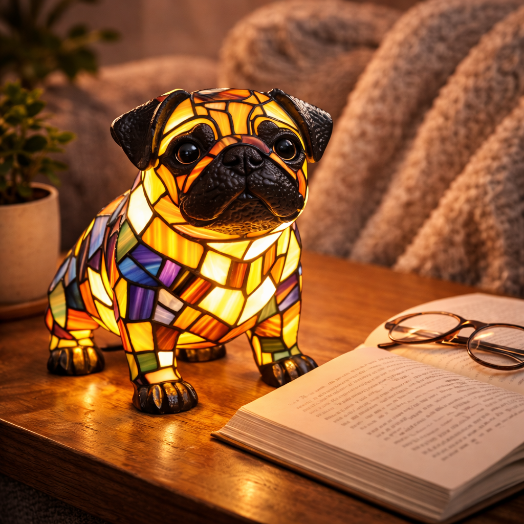 Stained Glass Dog Figurine Resin Night Light Table Lamp