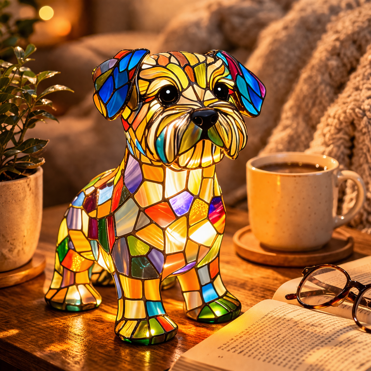Stained Glass Dog Figurine Resin Night Light Table Lamp