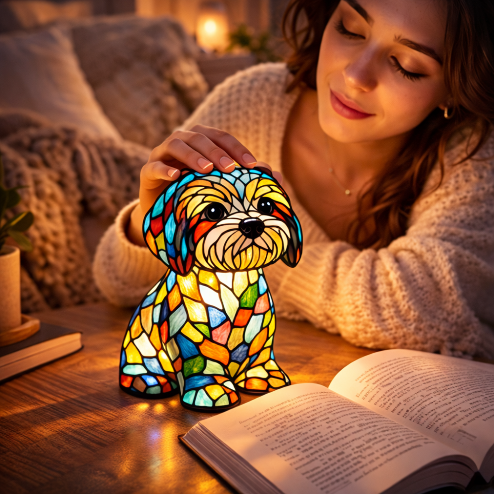 Stained Glass Style Dog Figurine Night Light Table Lamp