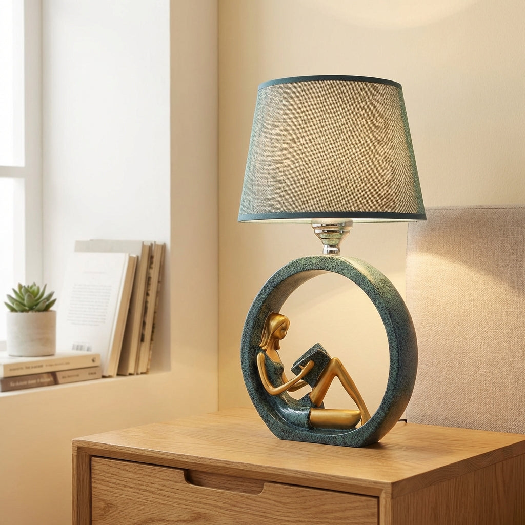 Sculptural Reading Girl Figurine Resin Base Table Lamp