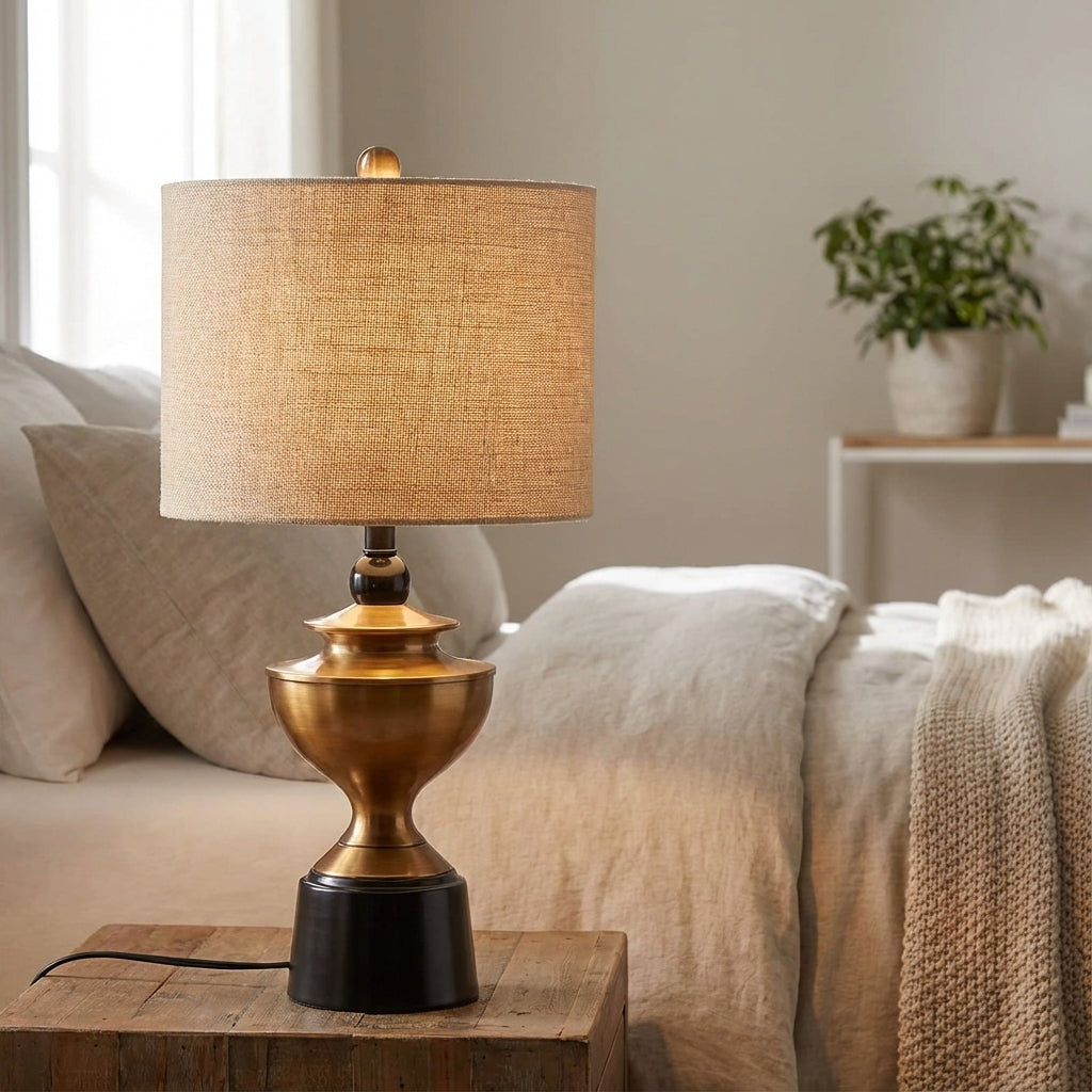 Classic Linen Shade Adjustable Height Compact Bedside Table Lamp