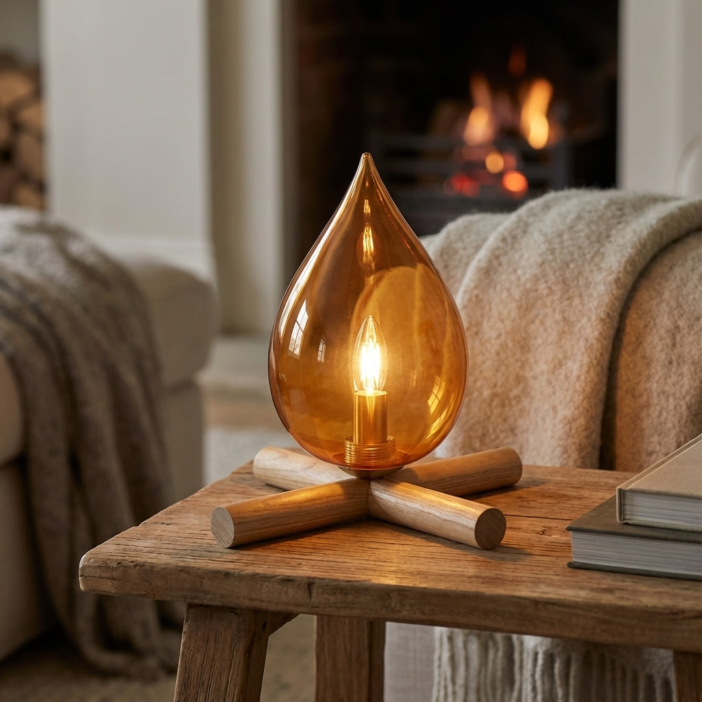 Minimalist Teardrop Glass Wood Base Flickering Flame Table Lamp