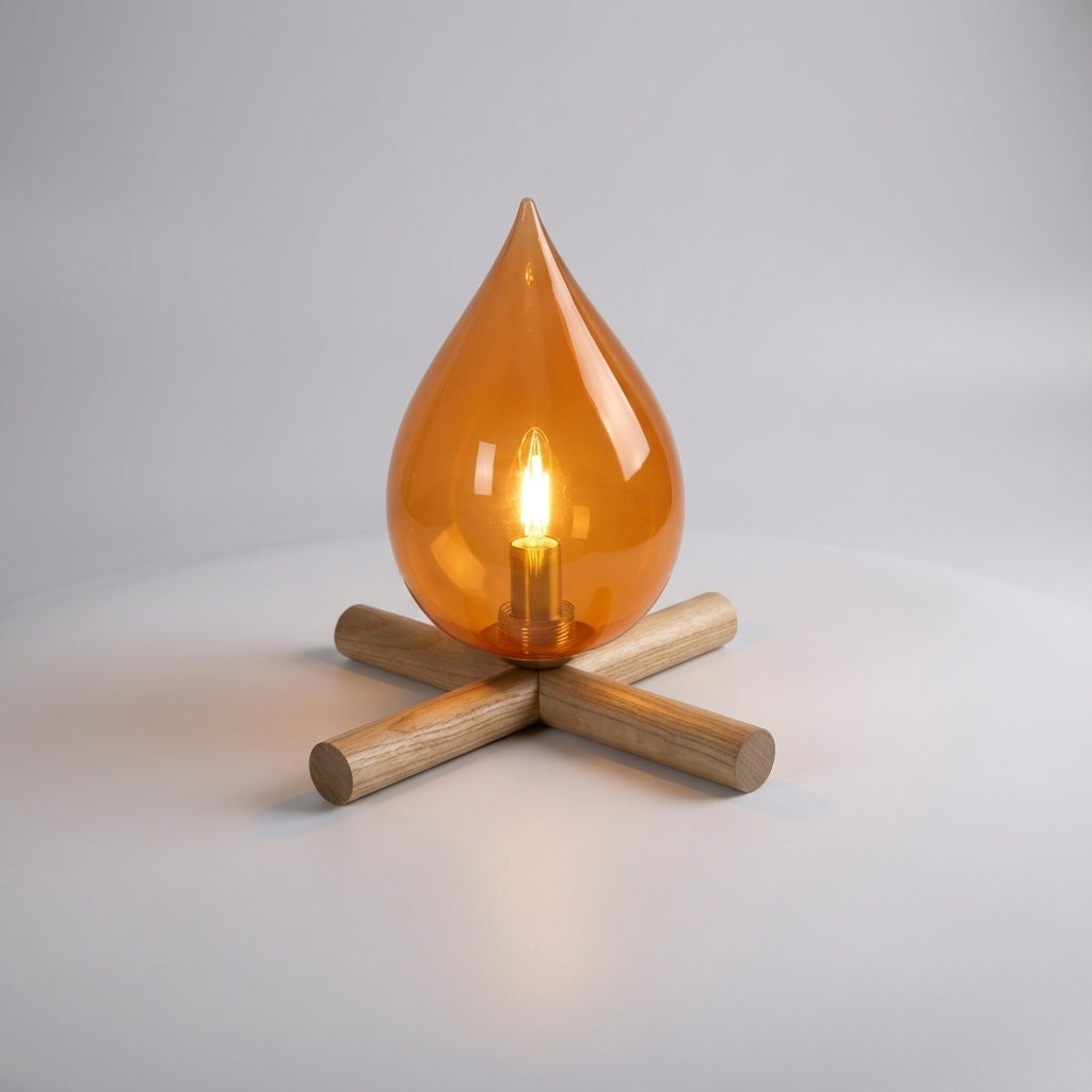 Minimalist Teardrop Glass Wood Base Flickering Flame Table Lamp