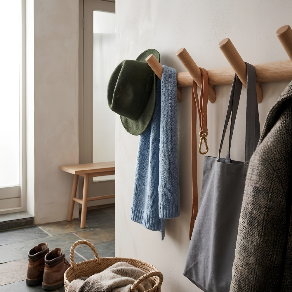 Scandinavian Minimalist Solid Oak Wall Mounted Peg Coat Rack
