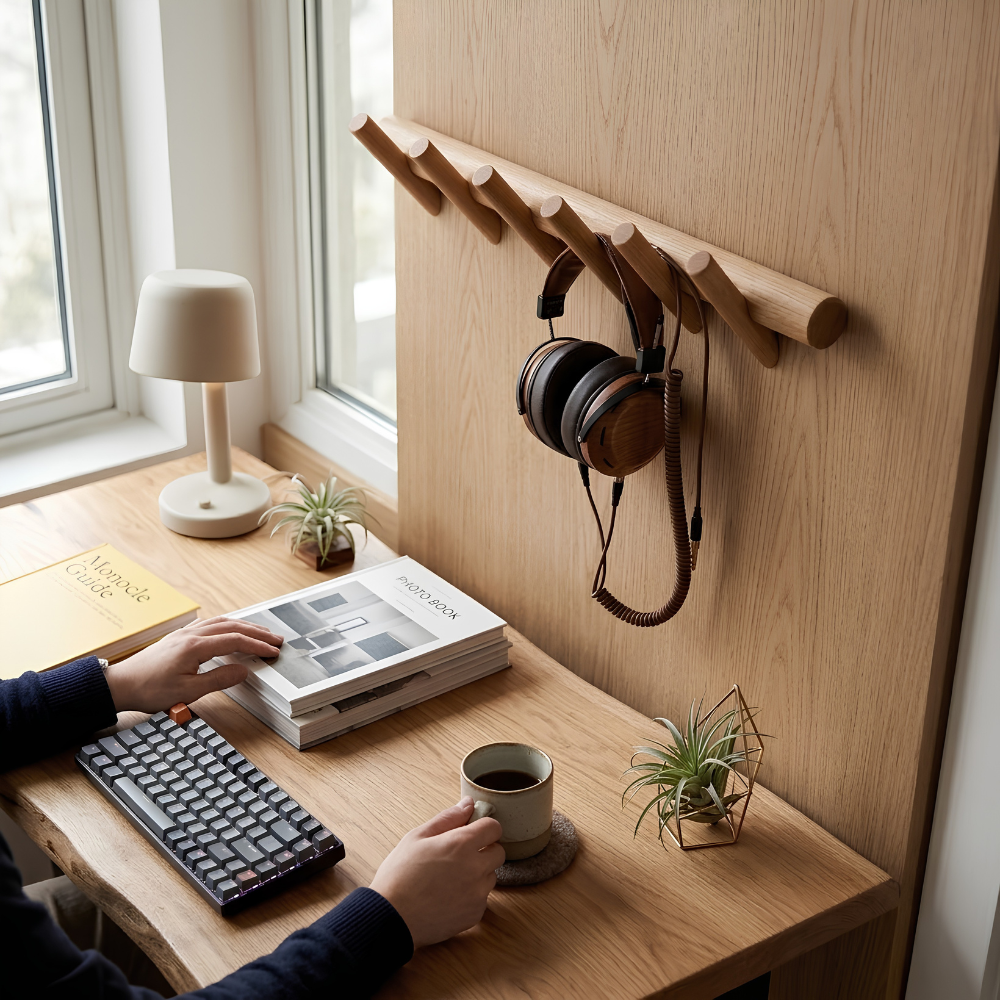 Scandinavian Minimalist Solid Oak Wall Mounted Peg Coat Rack