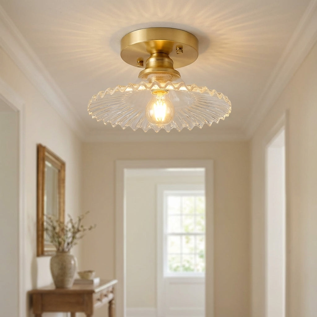 Ribbed Glass Floral Petal Semi Flush Ceiling Light