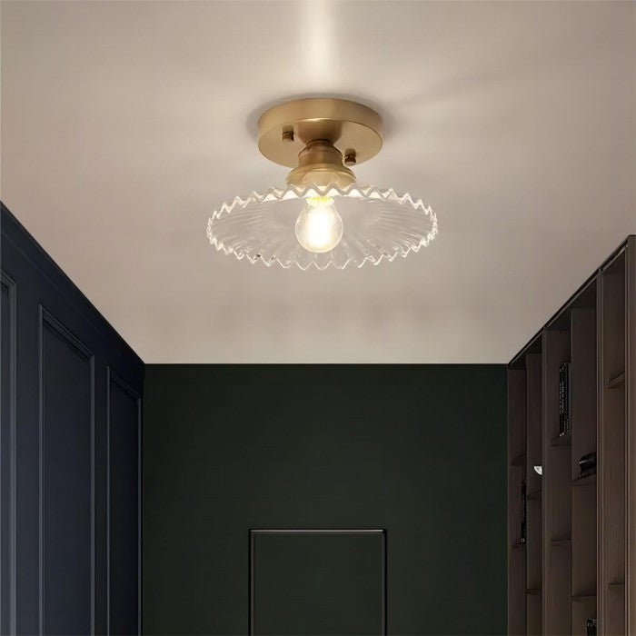 Ribbed Glass Floral Petal Semi Flush Ceiling Light