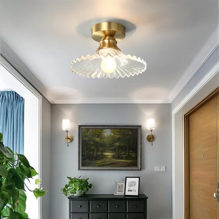 Ribbed Glass Floral Petal Semi Flush Ceiling Light