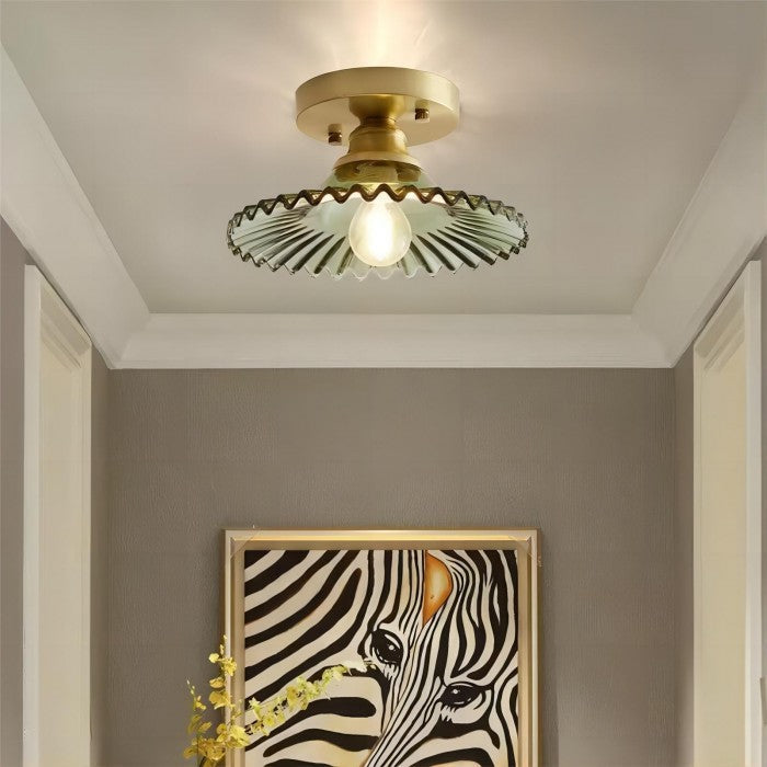 Ribbed Glass Floral Petal Semi Flush Ceiling Light