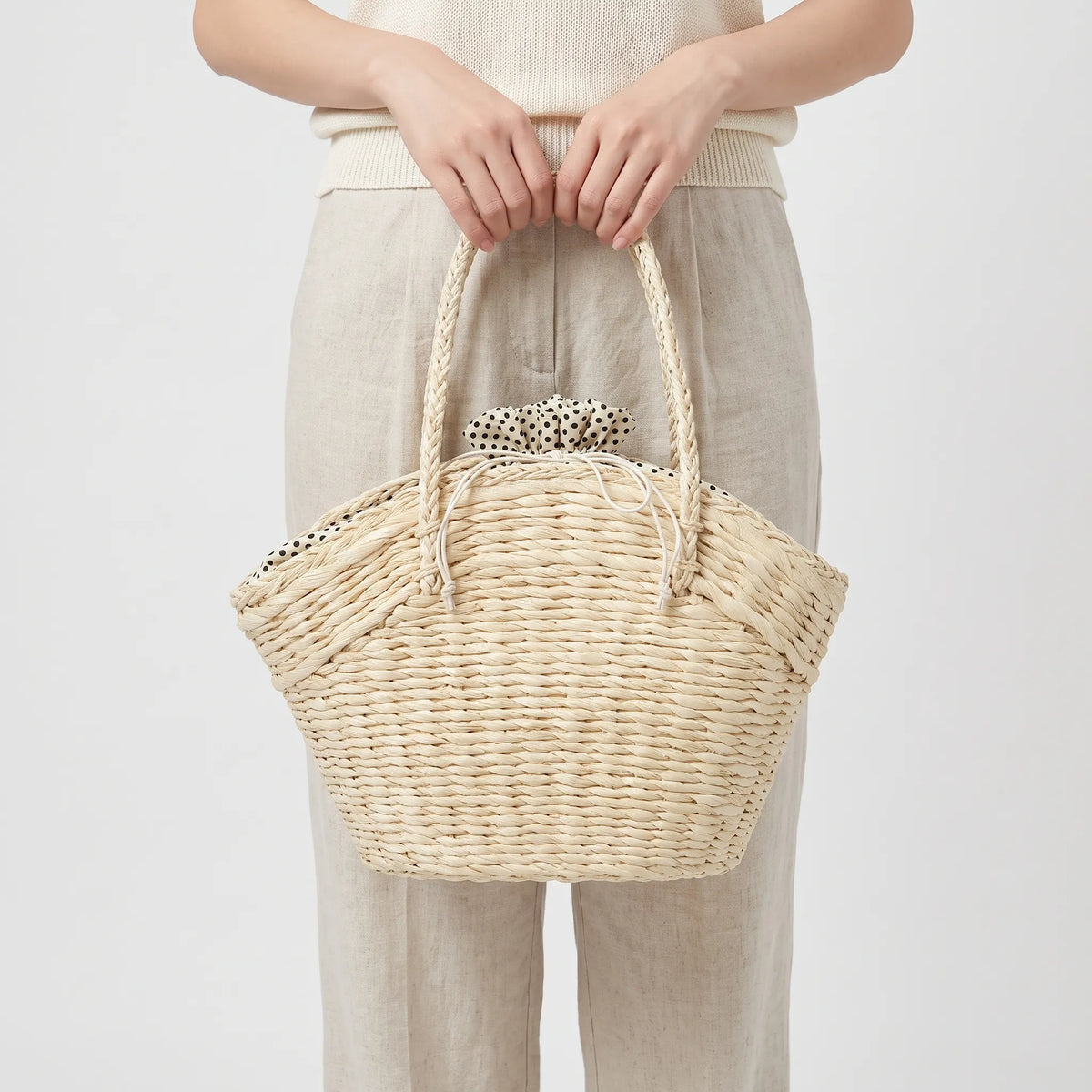Woven Straw Semi-Circular Drawstring Lined Shoulder Tote Handbag
