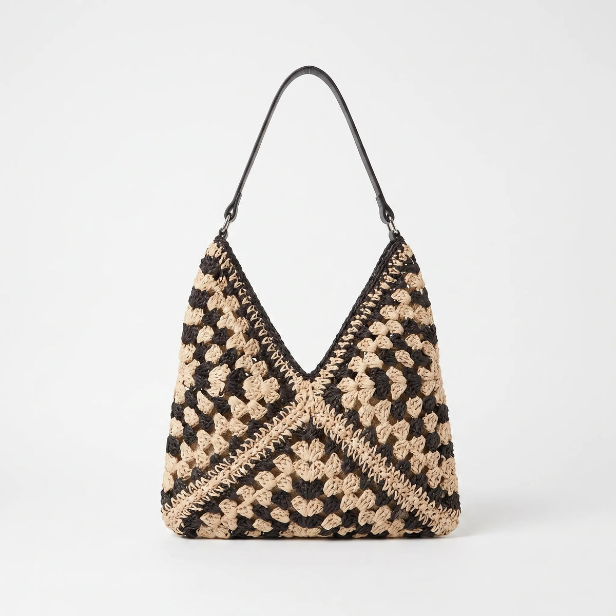 Woven Straw Two-Tone Slouchy Open-Top Shoulder Tote Handbag