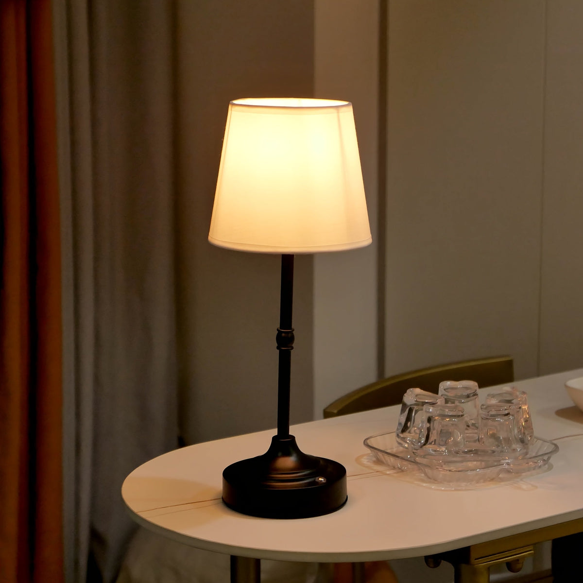 Brushed Metal Fabric Shade Rechargeable Cordless Touch Table Lamp