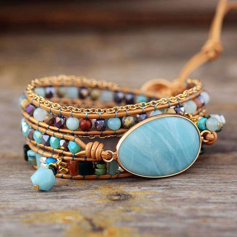 Natural Amazonite Stone Boho Handmade Wrap Bracelet