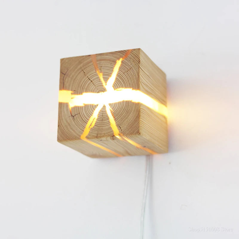 Hand-Carved Solid Wood Resin Inlay Wall Light