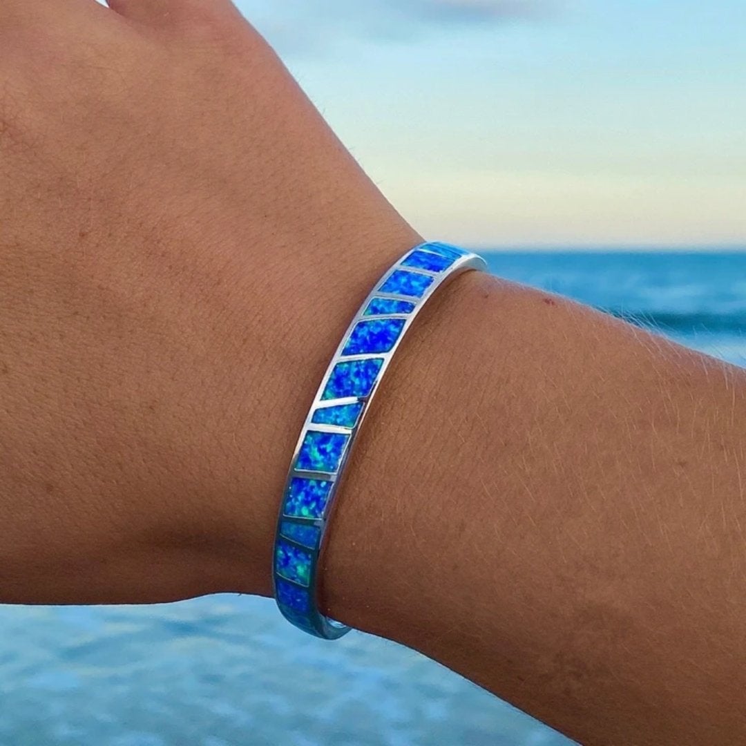Ocean Inspired Polished Silver Opal Gemstone Bracelet