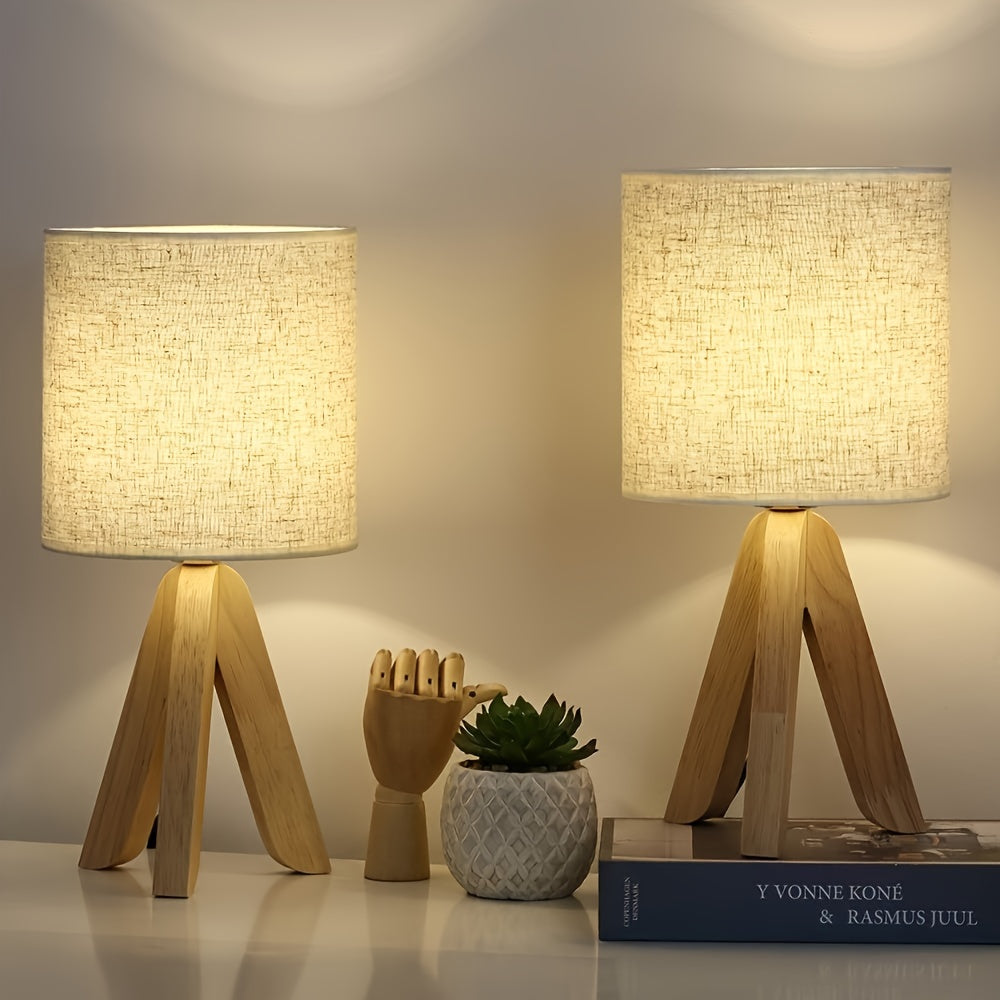 Nordic Minimalist Wooden Tripod Linen Shade Table Lamp