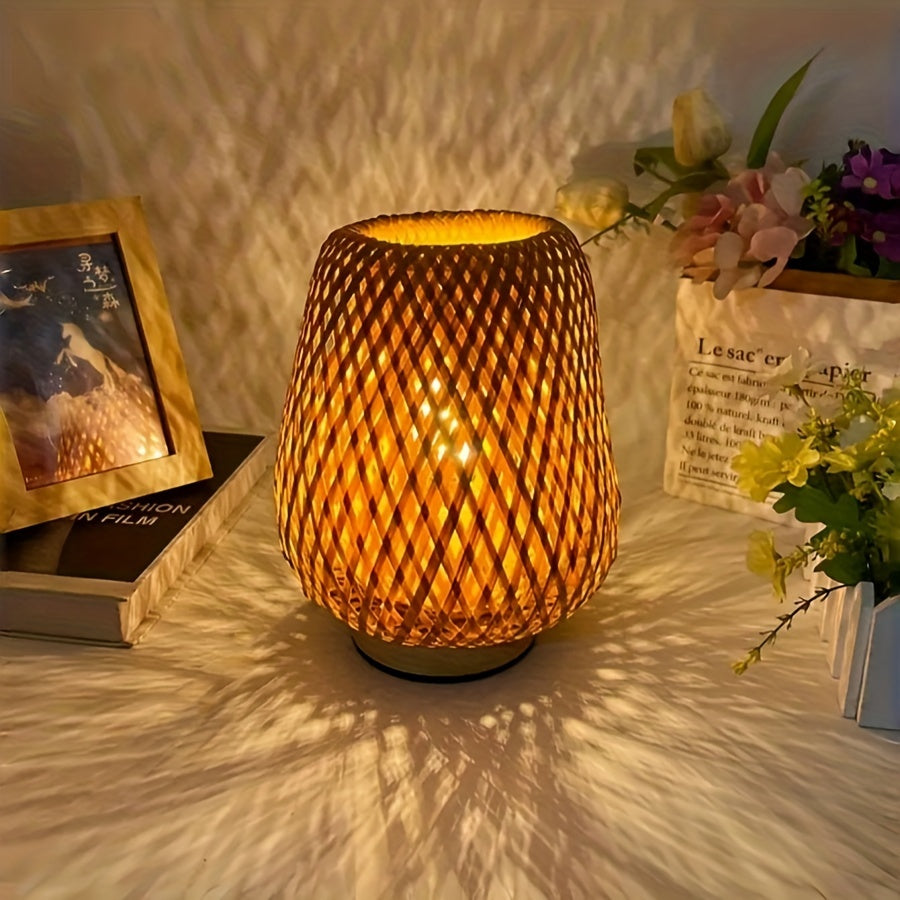 Handwoven Bamboo Dimmable Table Lamp With Natural Wood Base