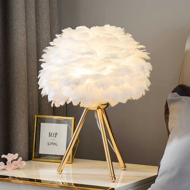 Feathered-Adorned Metal Base Dimmable Table Lamp