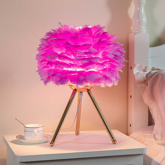 Feathered-Adorned Metal Base Dimmable Table Lamp