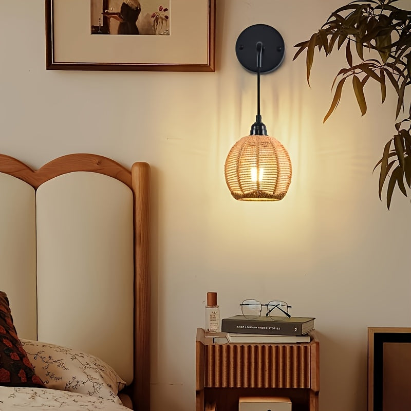 Handwoven Rattan Boho Adjustable Farmhouse Sconce Wall Light