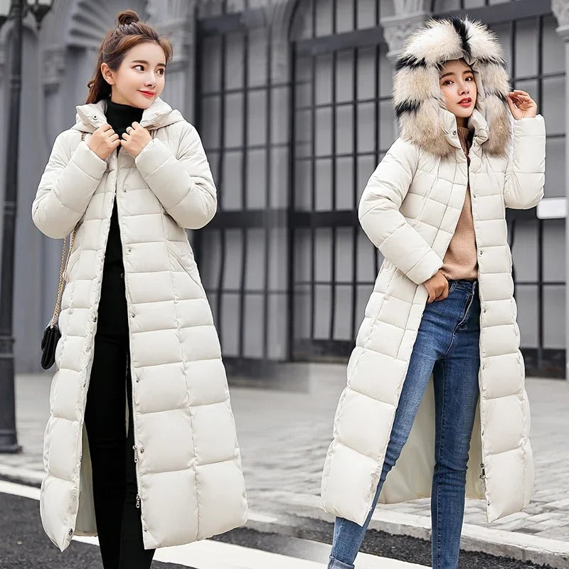 Women's Long Belted Fur Hood Puffer Coat