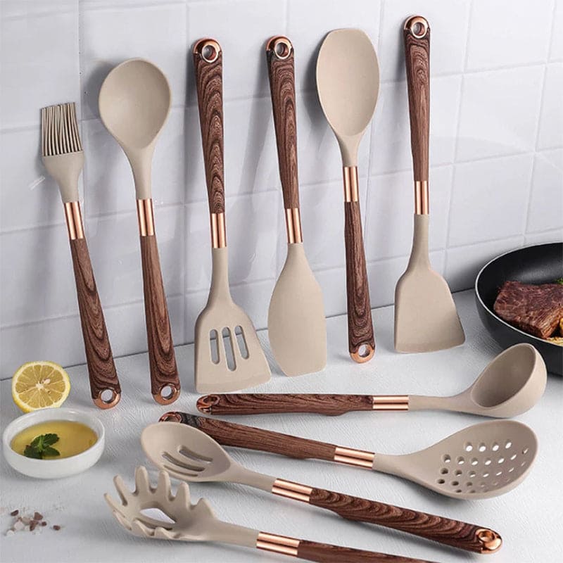 Heat Resistant Food-safe Silicone Wooden Handle Kitchen Utensil Set