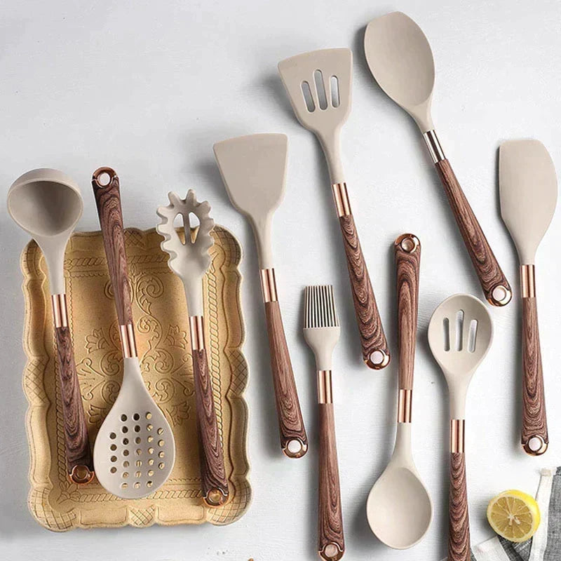 Heat Resistant Food-safe Silicone Wooden Handle Kitchen Utensil Set