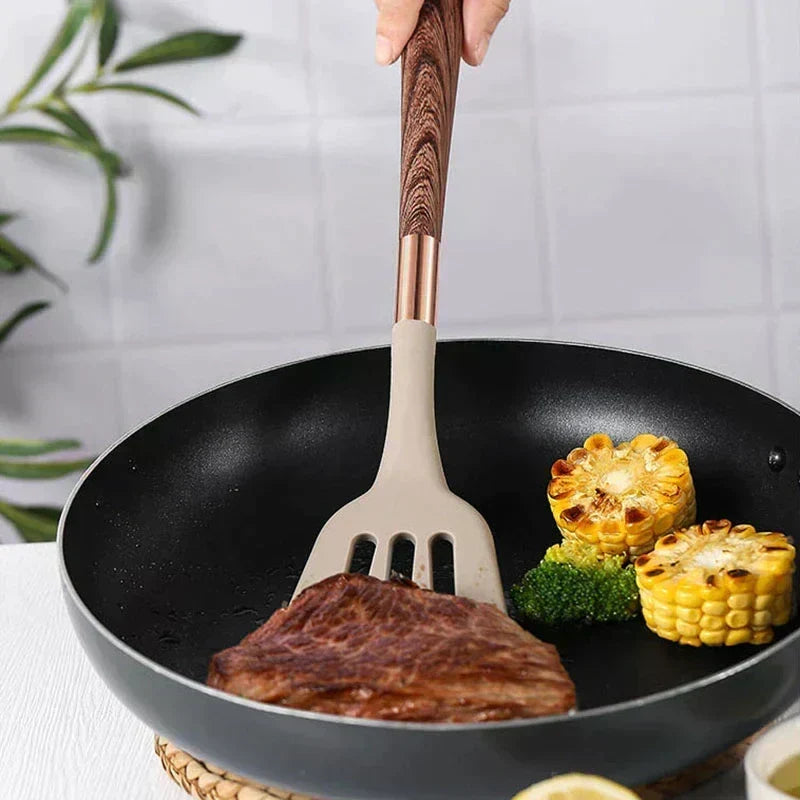 Heat Resistant Food-safe Silicone Wooden Handle Kitchen Utensil Set