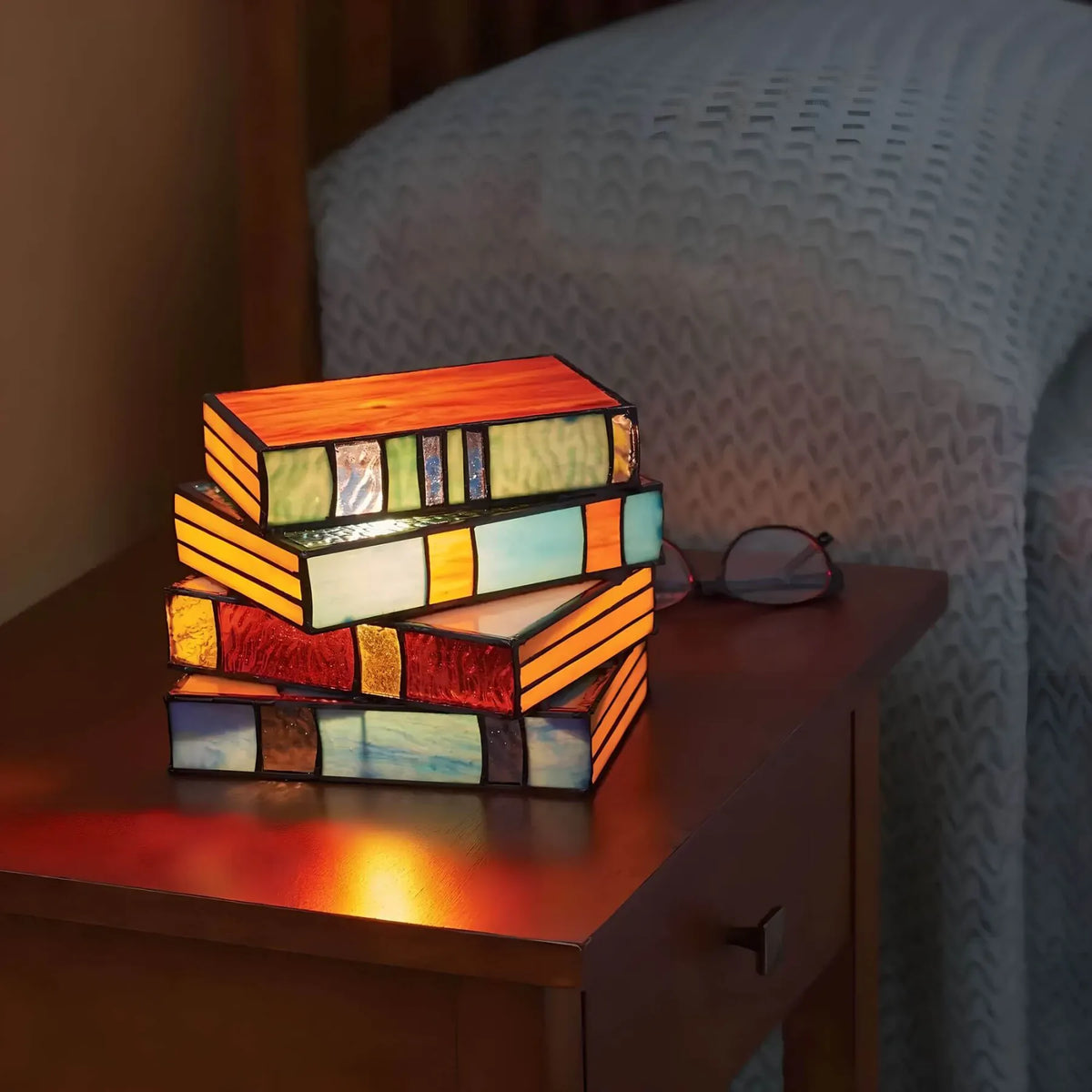 Stacked Books Silhouette Handcrafted Stained Glass Table Lamp