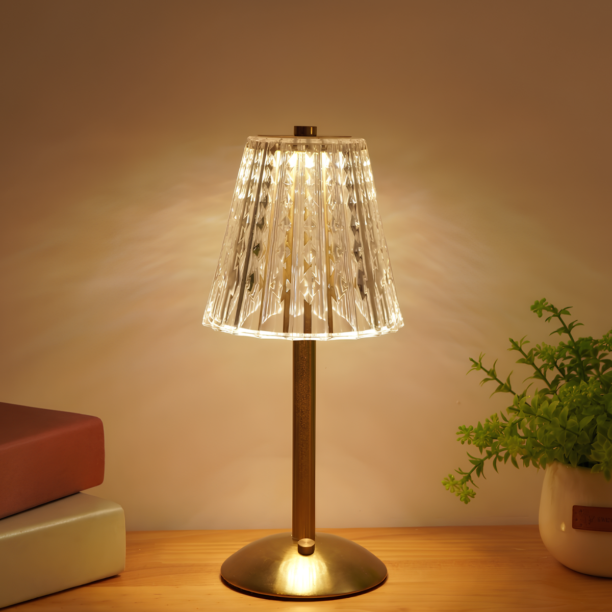 Crystal Shade Brushed Aluminum Touch Control Rechargeable Table Lamp