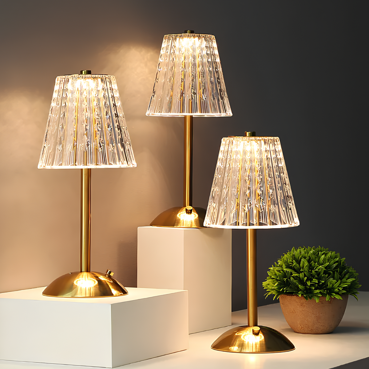 Crystal Shade Brushed Aluminum Touch Control Rechargeable Table Lamp