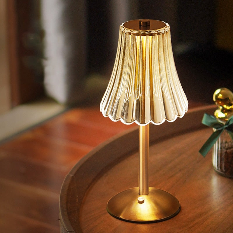 Crystal Shade Brushed Aluminum Touch Control Rechargeable Table Lamp