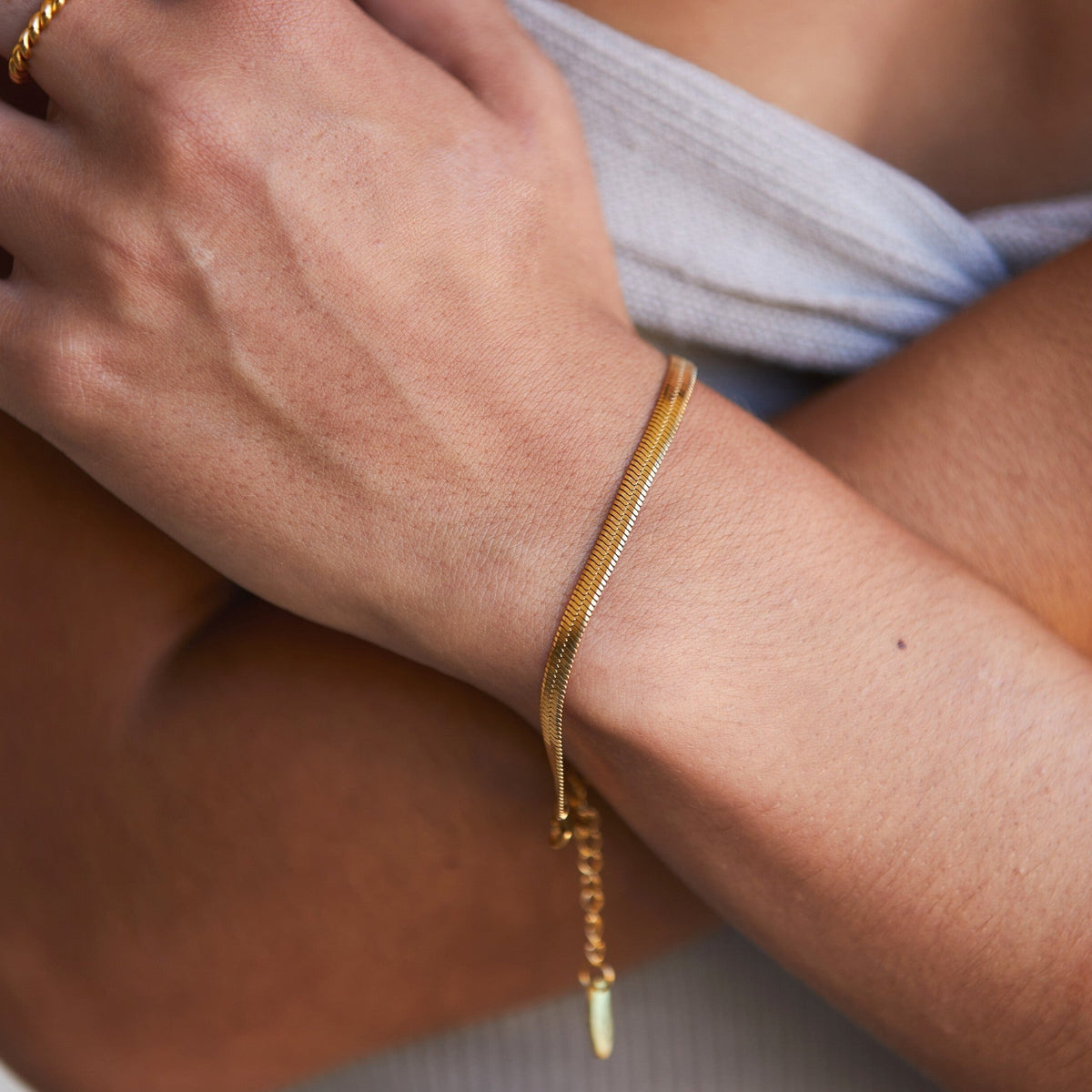 Adjustable Herringbone Pattern Gold Coated Silver Chain Bracelet