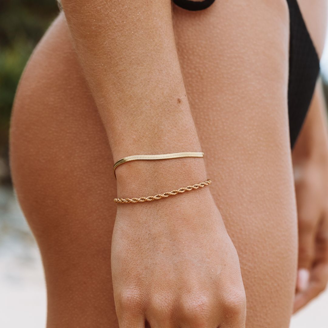 Adjustable Herringbone Pattern Gold Coated Silver Chain Bracelet