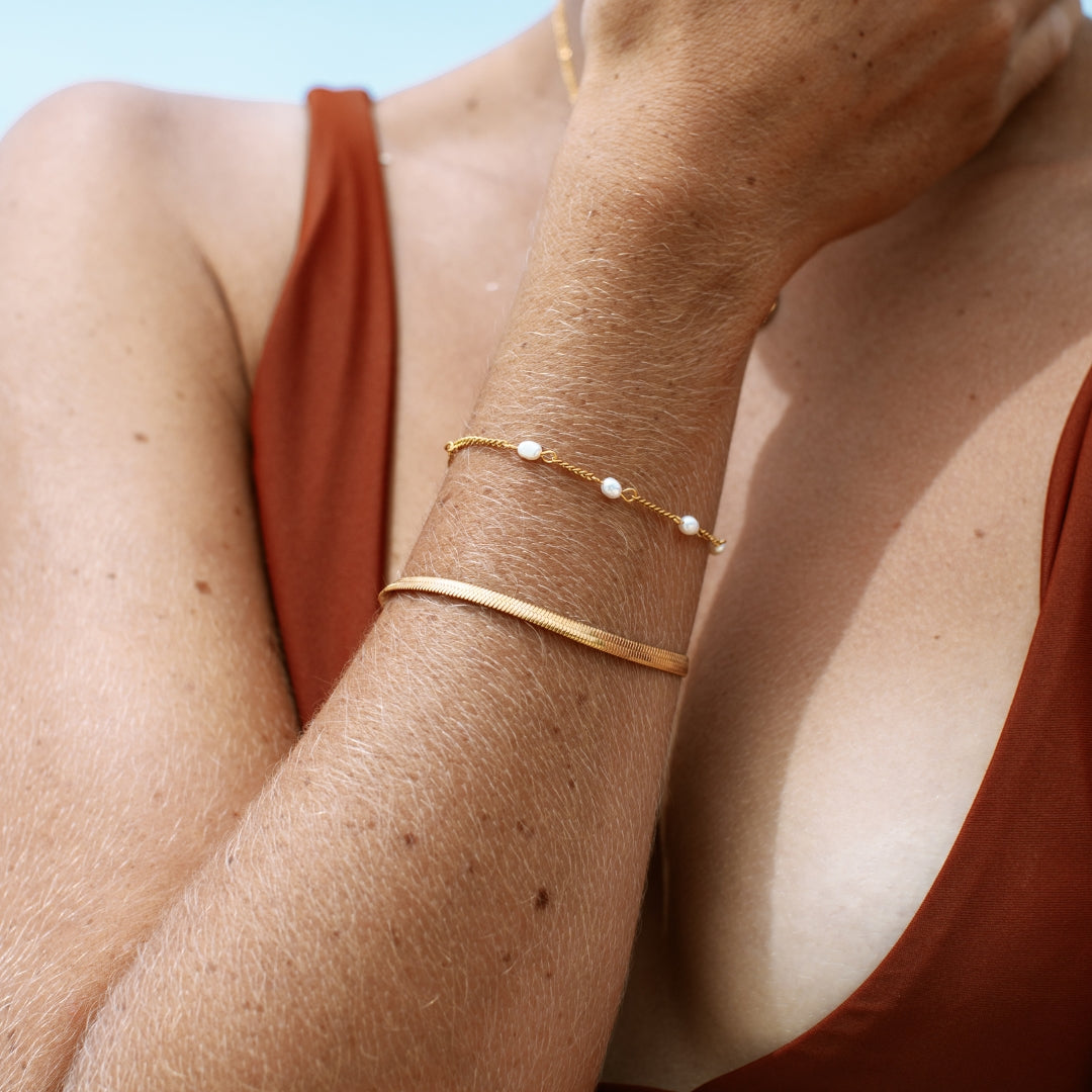 Adjustable Herringbone Pattern Gold Coated Silver Chain Bracelet