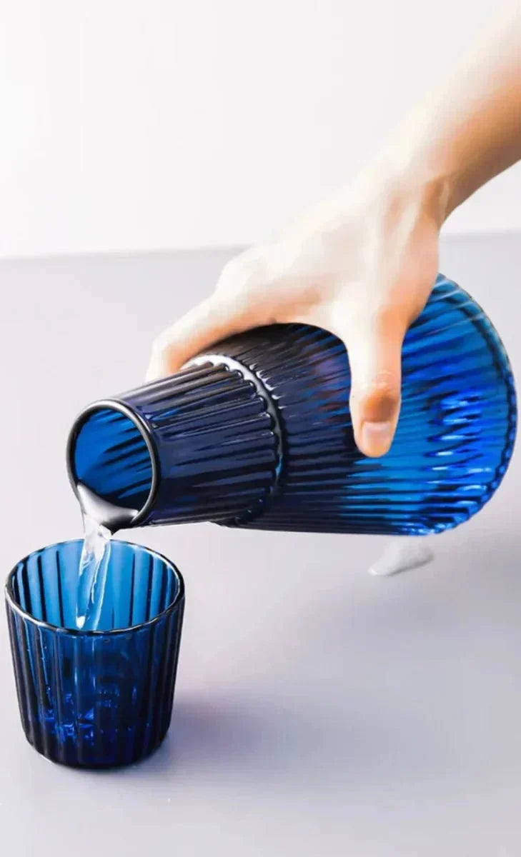 Pleated Borosilicate Glass Water Carafe With Stacking Tumbler Set