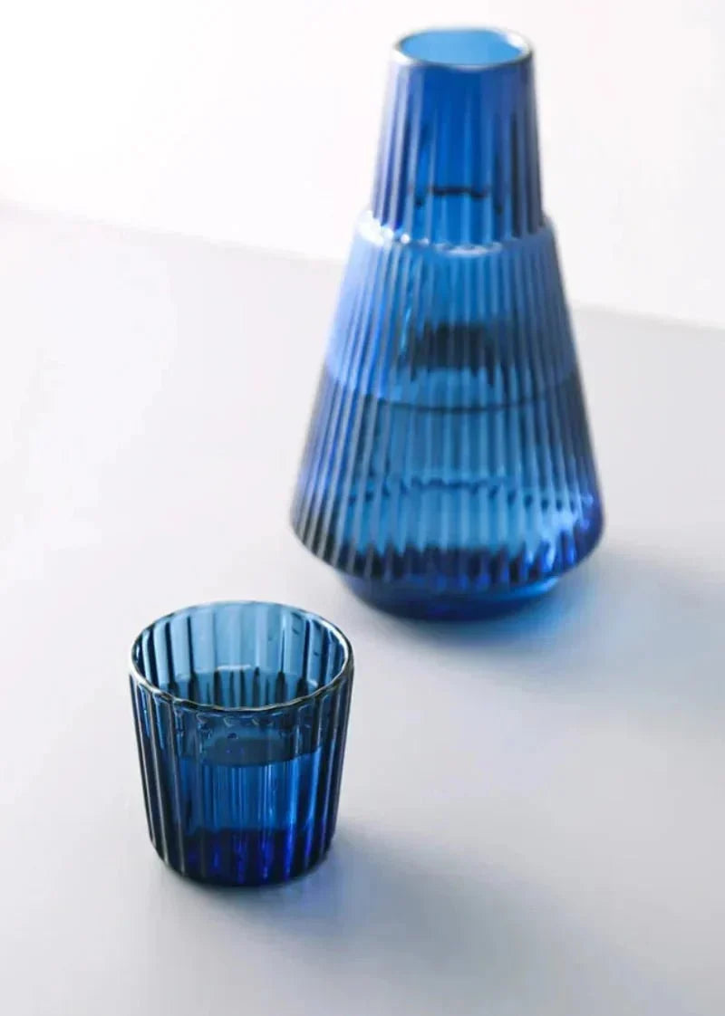 Pleated Borosilicate Glass Water Carafe With Stacking Tumbler Set