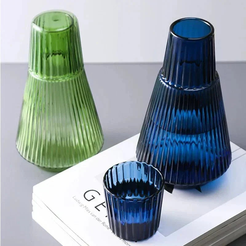 Pleated Borosilicate Glass Water Carafe With Stacking Tumbler Set