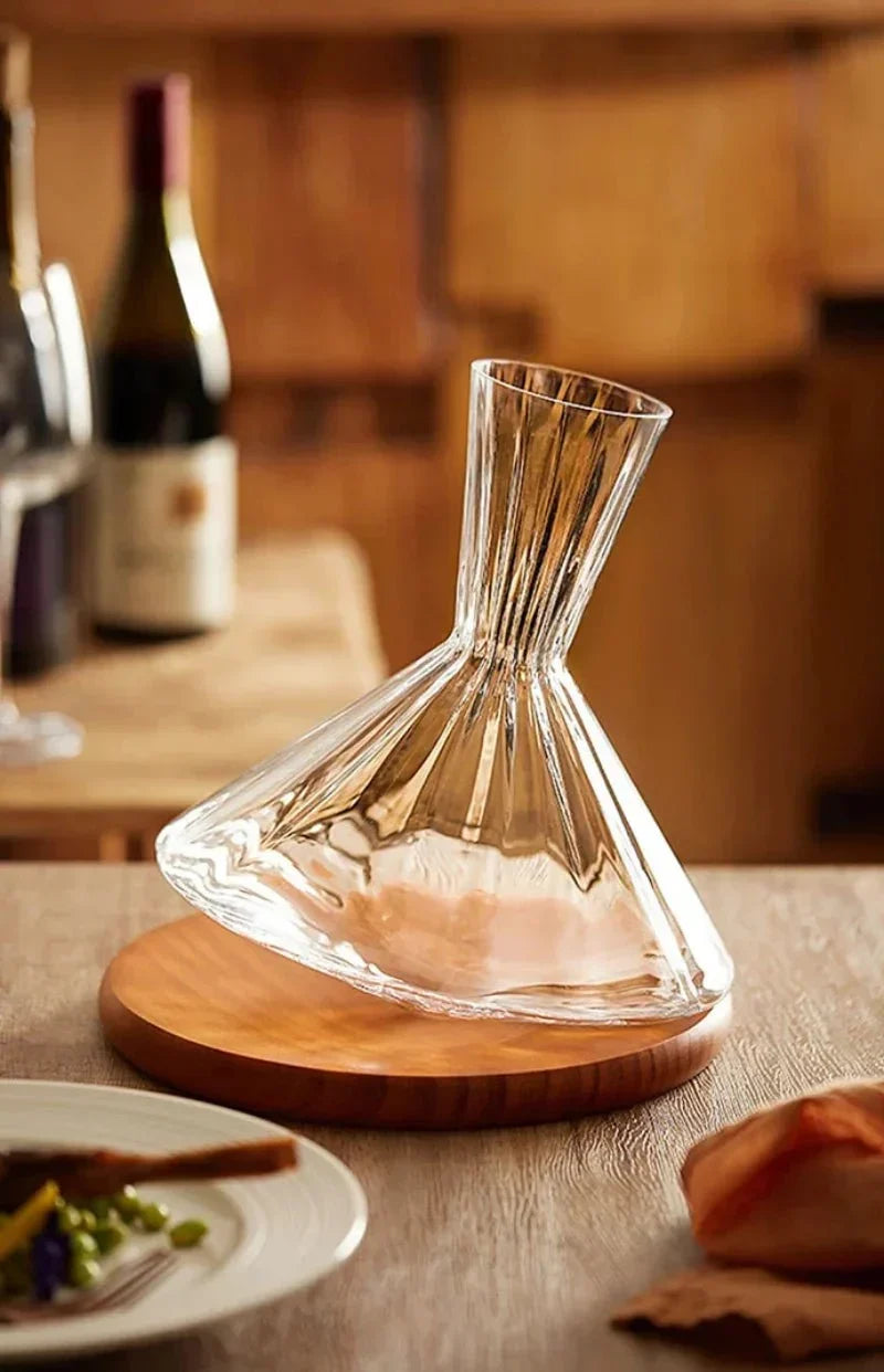 Angular Glass Rotating Wine Decanter With Wooden Base