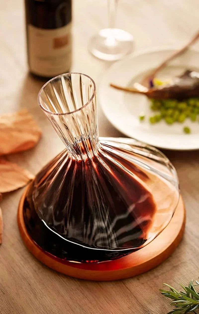 Angular Glass Rotating Wine Decanter With Wooden Base