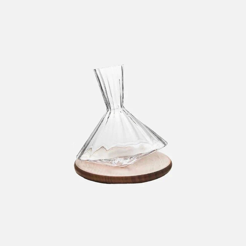 Angular Glass Rotating Wine Decanter With Wooden Base