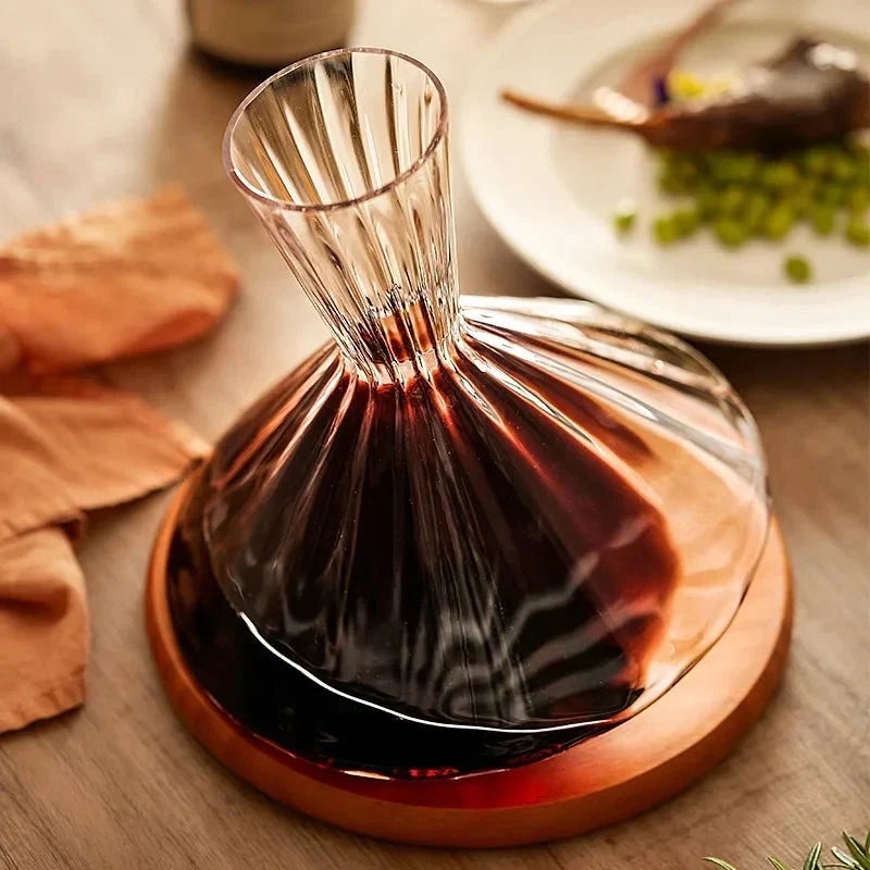 Angular Glass Rotating Wine Decanter With Wooden Base