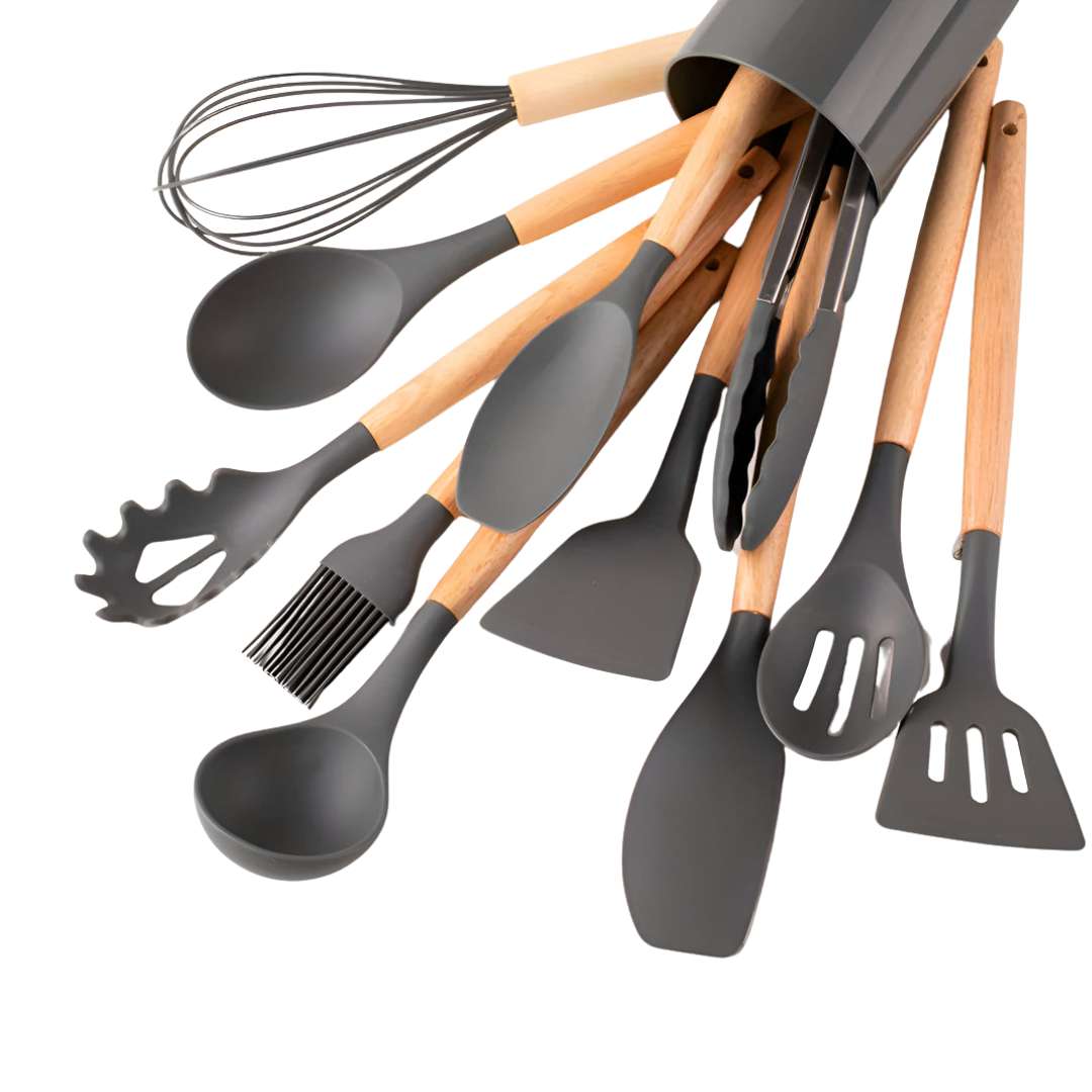 Heat Resistant Bamboo Handle Silicone Kitchen Utensil Cutlery Set